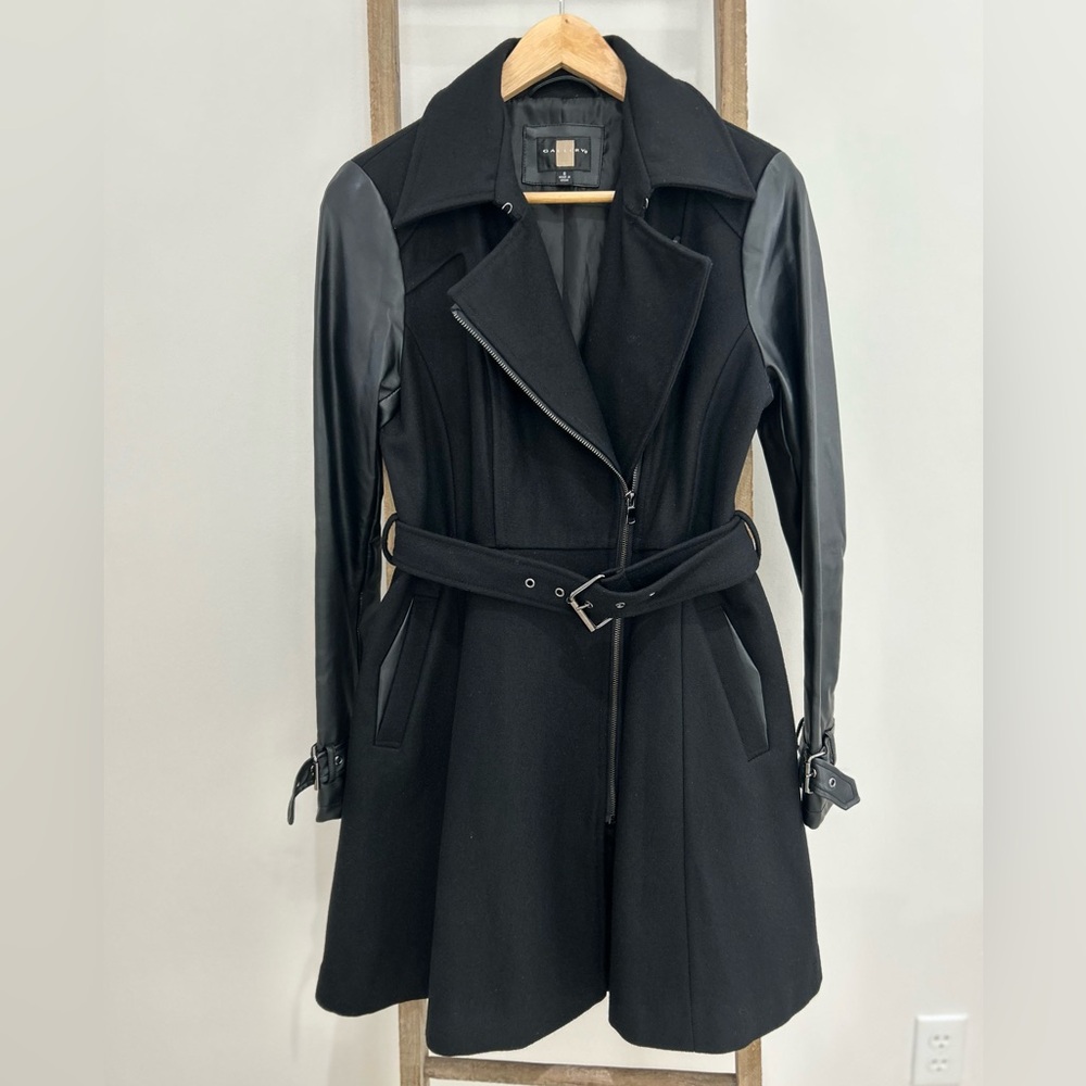 Gallery Black Wool Blend Trench Coat Full Zip Belted Faux Leather Sleeves Size S
